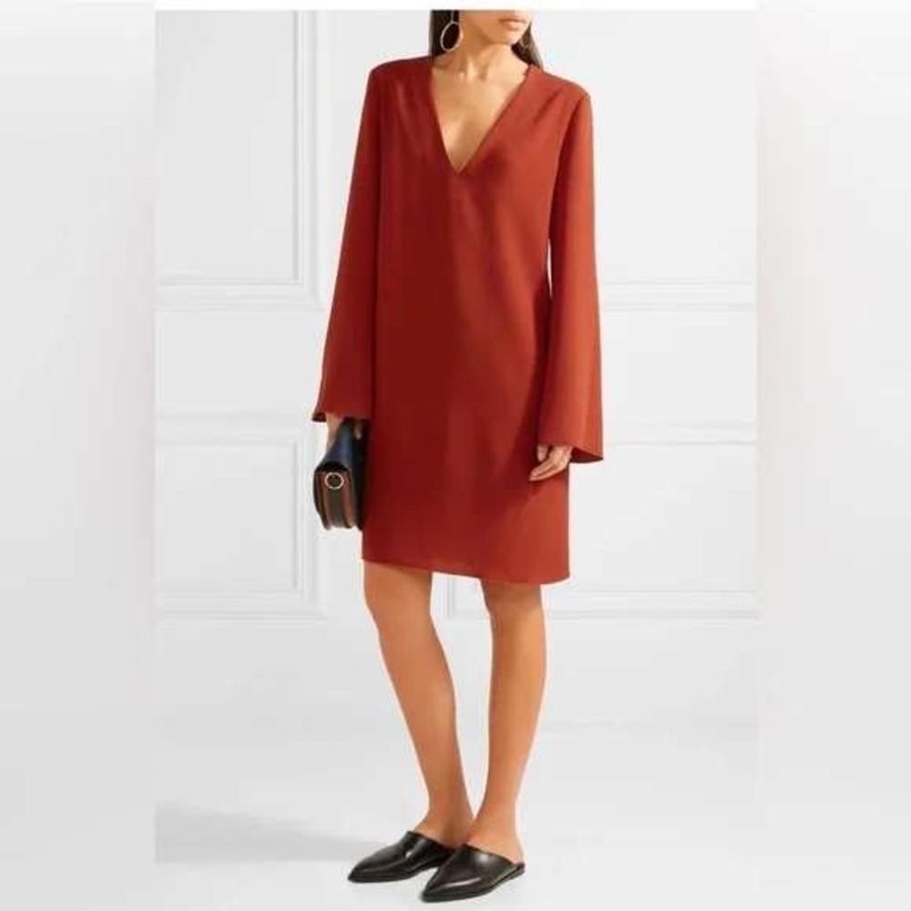Theory Red Crepe V-Neck Long Sleeve Shift Dress Size S Made in USA